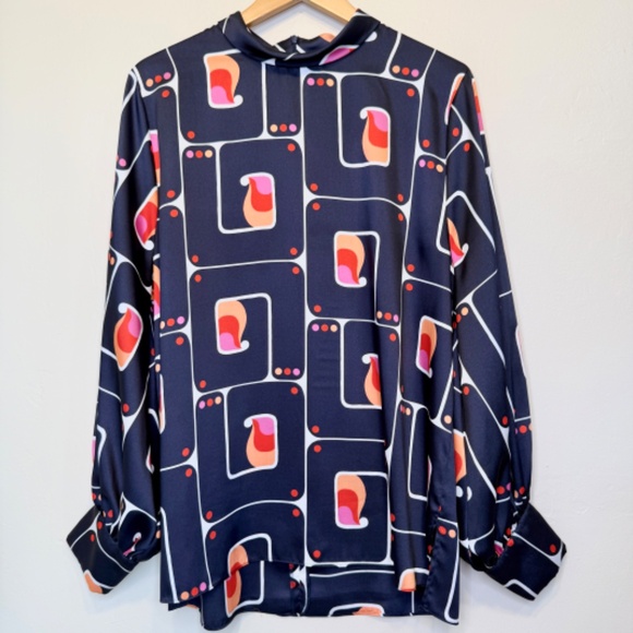 Zara | Retro Geo High Collar Mock Neck Long Sleeve Printed Charmeuse Blouse - Picture 7 of 16